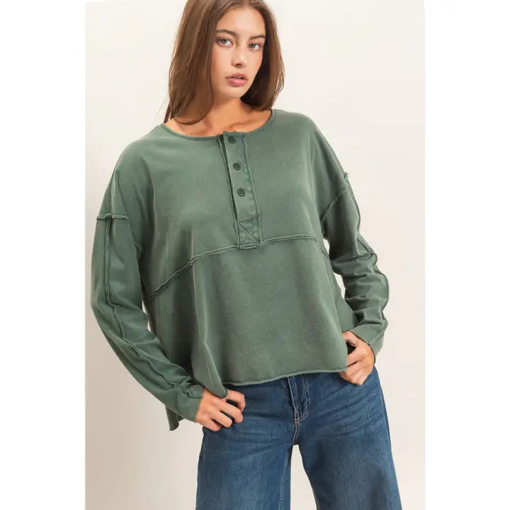 Henley Oversized Top in Dark Green