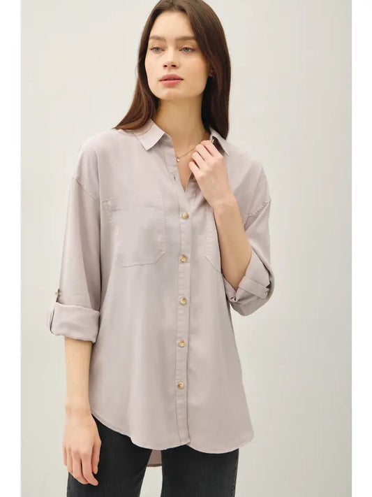 Emery Oversized Button Up Top in Stone Grey