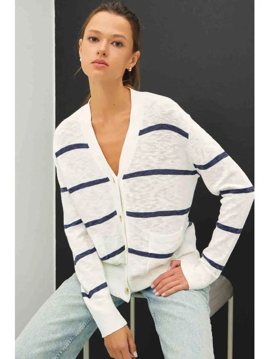 Layna Cardi in White/Navy Stripe