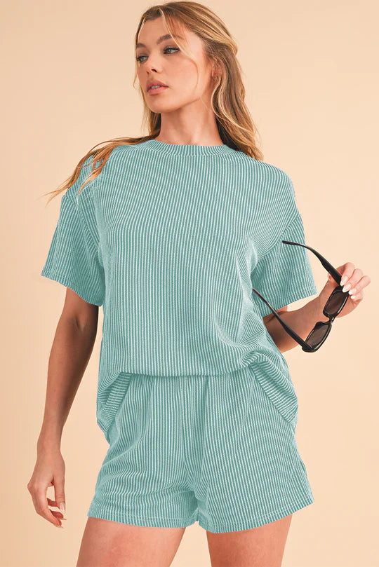 Ribbed Short Set in Mint Blue
