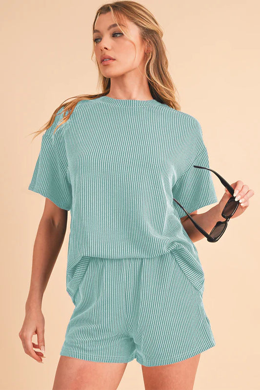 Ribbed Short Set in Mint Blue