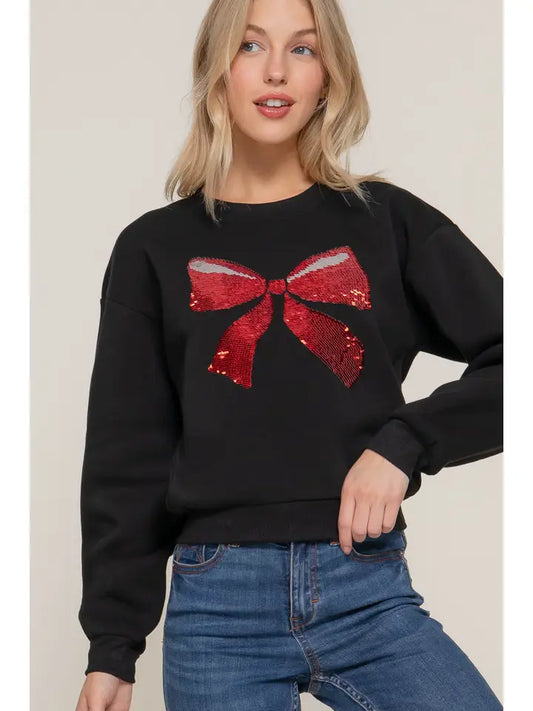 Sequin Bow Crew in Black