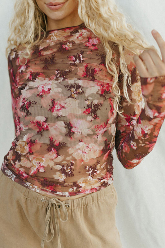 Burgundy Floral Mesh Top