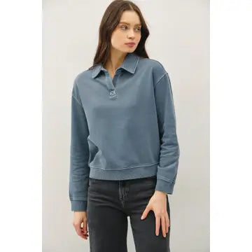 Acid Wash Collared Henley Pullover Sweatshirt in Teal