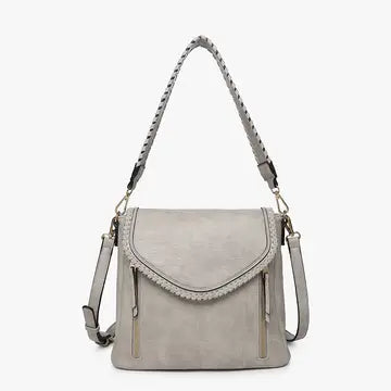 Lorelei Double Zip Whipstitch Trim Crossbody in Grey