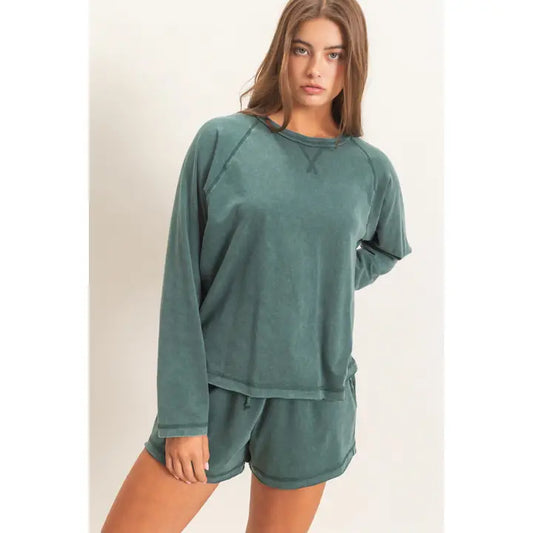 Mineral Wash Long Sleeve Set in Dark Green