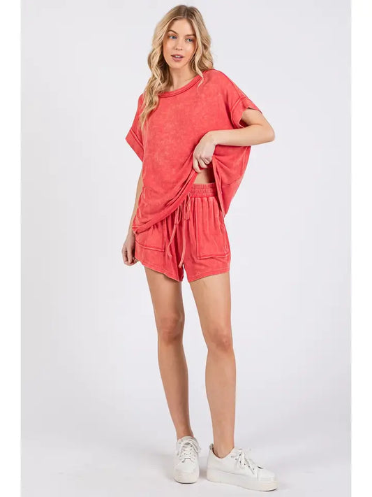 Marli Mineral Washed Top and Shorts Rib Set in Red