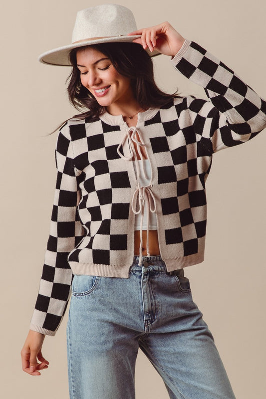 Della Checkered Tie Front Cardigan