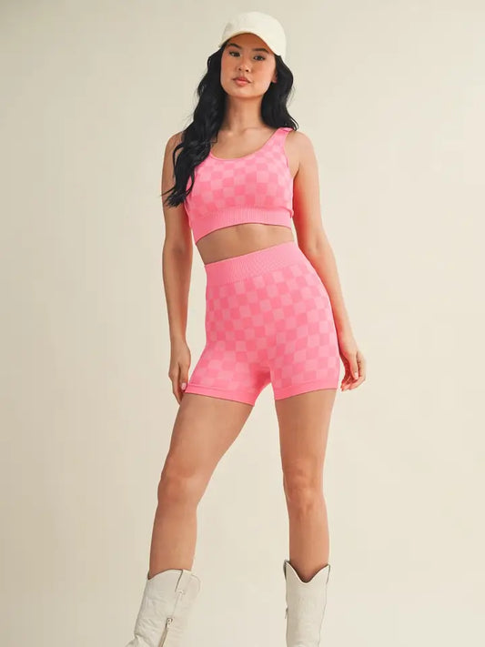 Checkmate Cropped Two Piece Set in Hot Pink