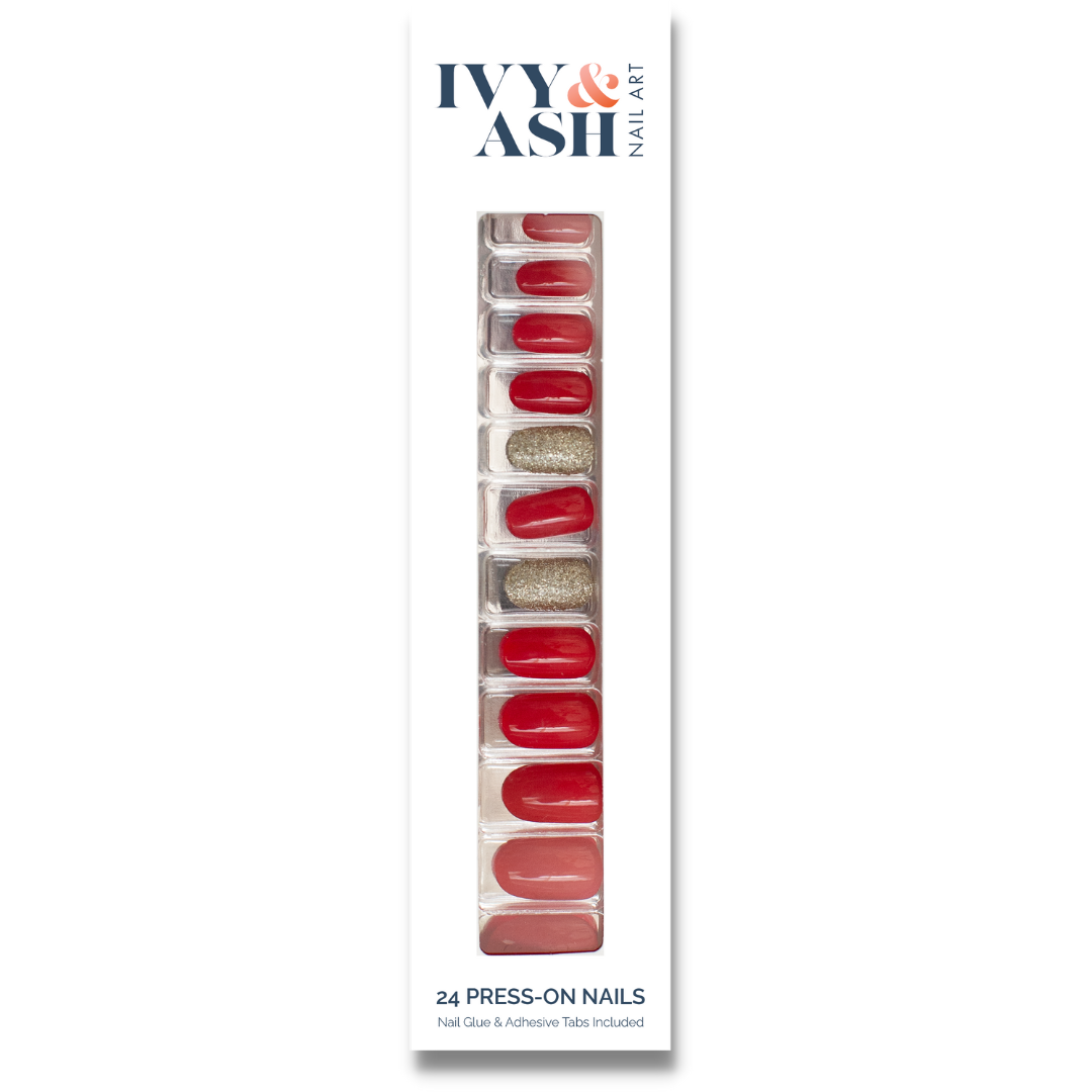 Ivy & Ash - Red & Gold | Festive Red & Gold Glitter Press-On Nails Set