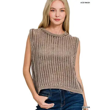 Maylee Acid Washed Crochet Top in Mocha