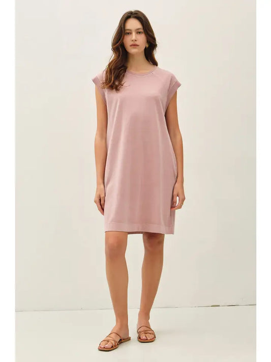 Garment Washed Casual Capped Sleeve Jersey Dress- Dusty Pink