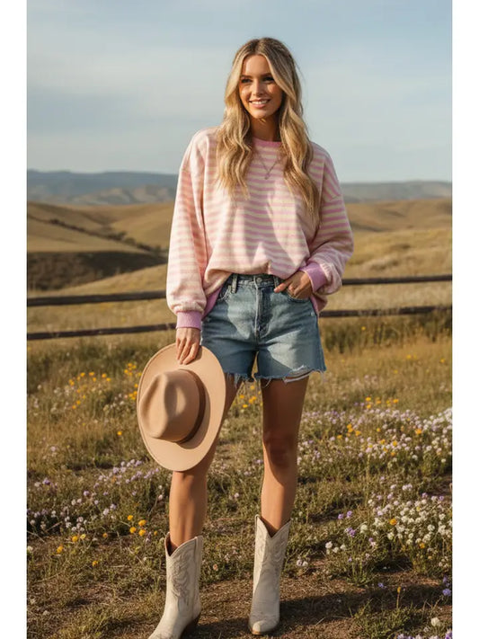 Charlotte Striped Crew neck in Cream/ Pink