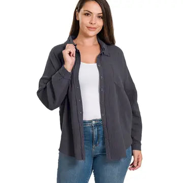 Tracie Raw Edge Button Up in Ash Grey
