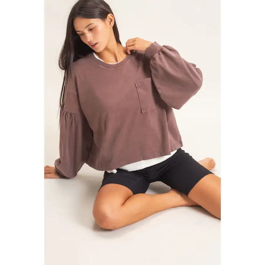 Katie Mineral Wash Puff Sleeve Top in Dark Brown