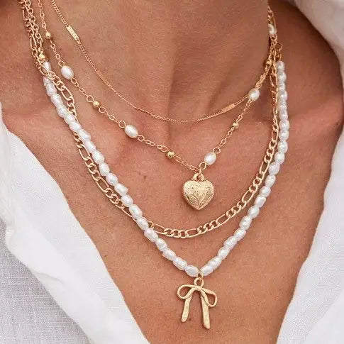 Pearl Layered Necklace with Heart Pendant