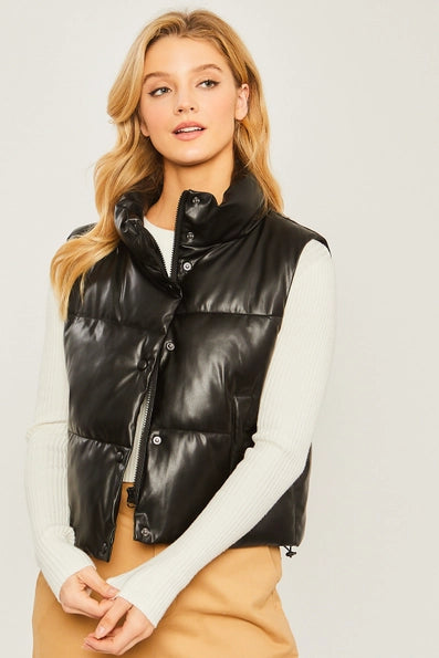 Faux Leather Padded Vest in Black