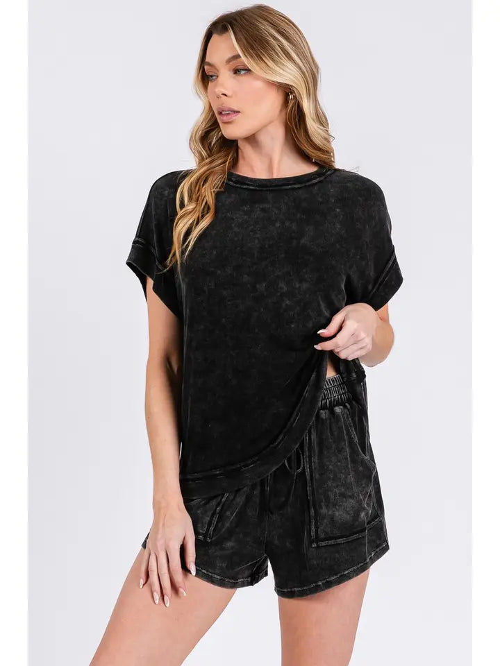 Marli Mineral Washed Top and Shorts Rib Set in Black