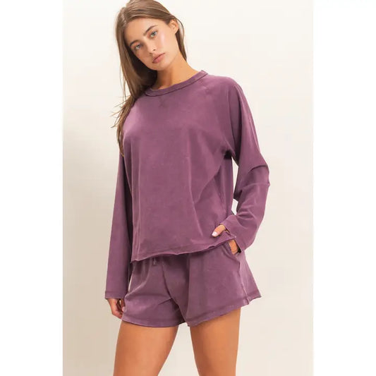 Mineral Wash Long Sleeve Set in Dark Cherry