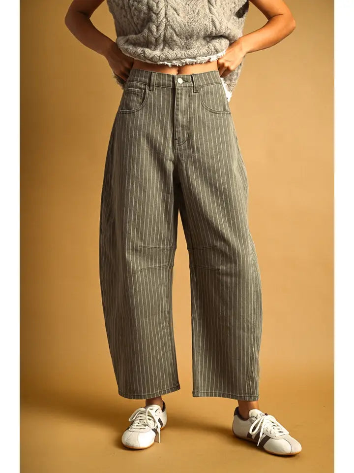 Monroe Pinstripe Barrel Jeans in Olive