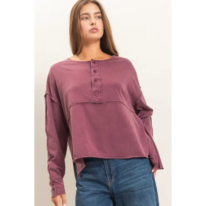 Henley Oversized Top in Dark Cherry