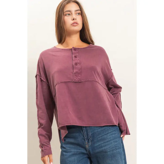 Henley Oversized Top in Dark Cherry